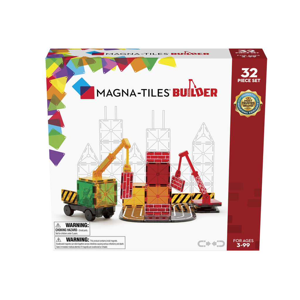 Packaging for MAGNA-TILES Builder 32 piece set with illustrations of magnetic construction pieces and a magnetic crane.