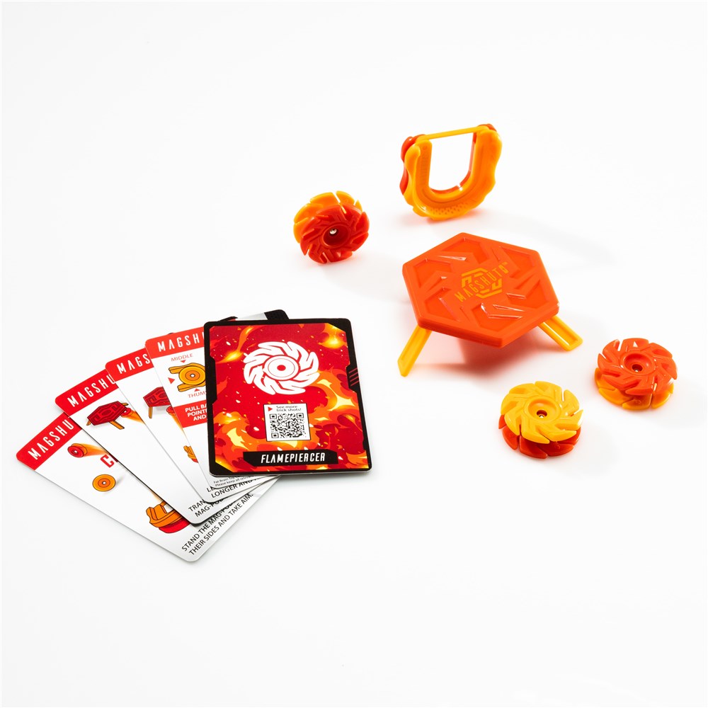 Colorful card game components including cards and plastic pieces on a white background