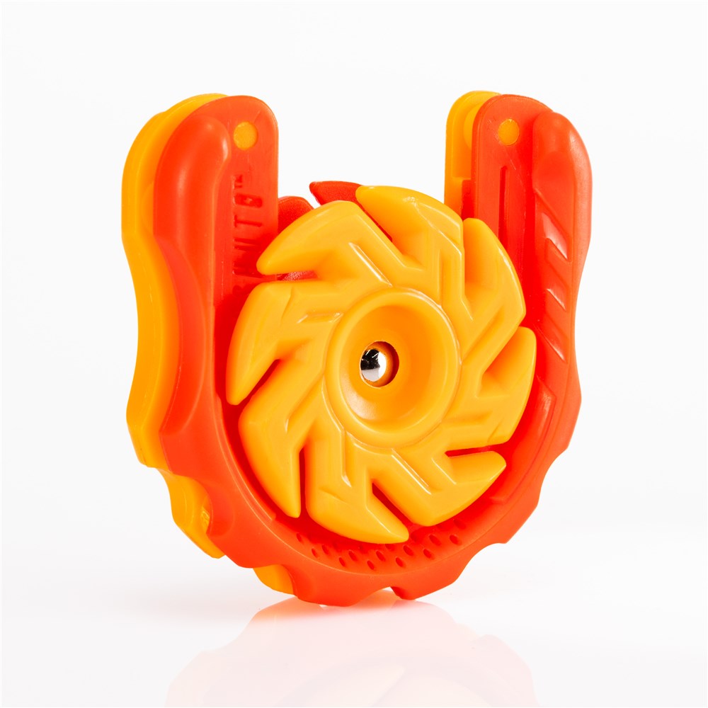 Orange and yellow plastic component on a white background