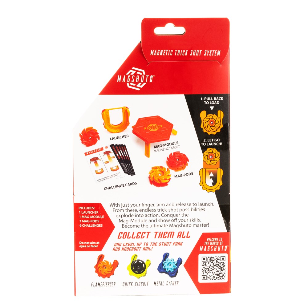 Magshuto magnetic trick shot system packaging with colorful components and branding.