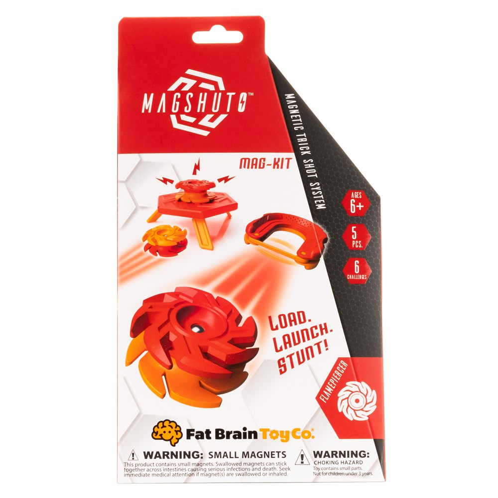 Red and orange toy packaging with 'Magshuto' branding on a white background