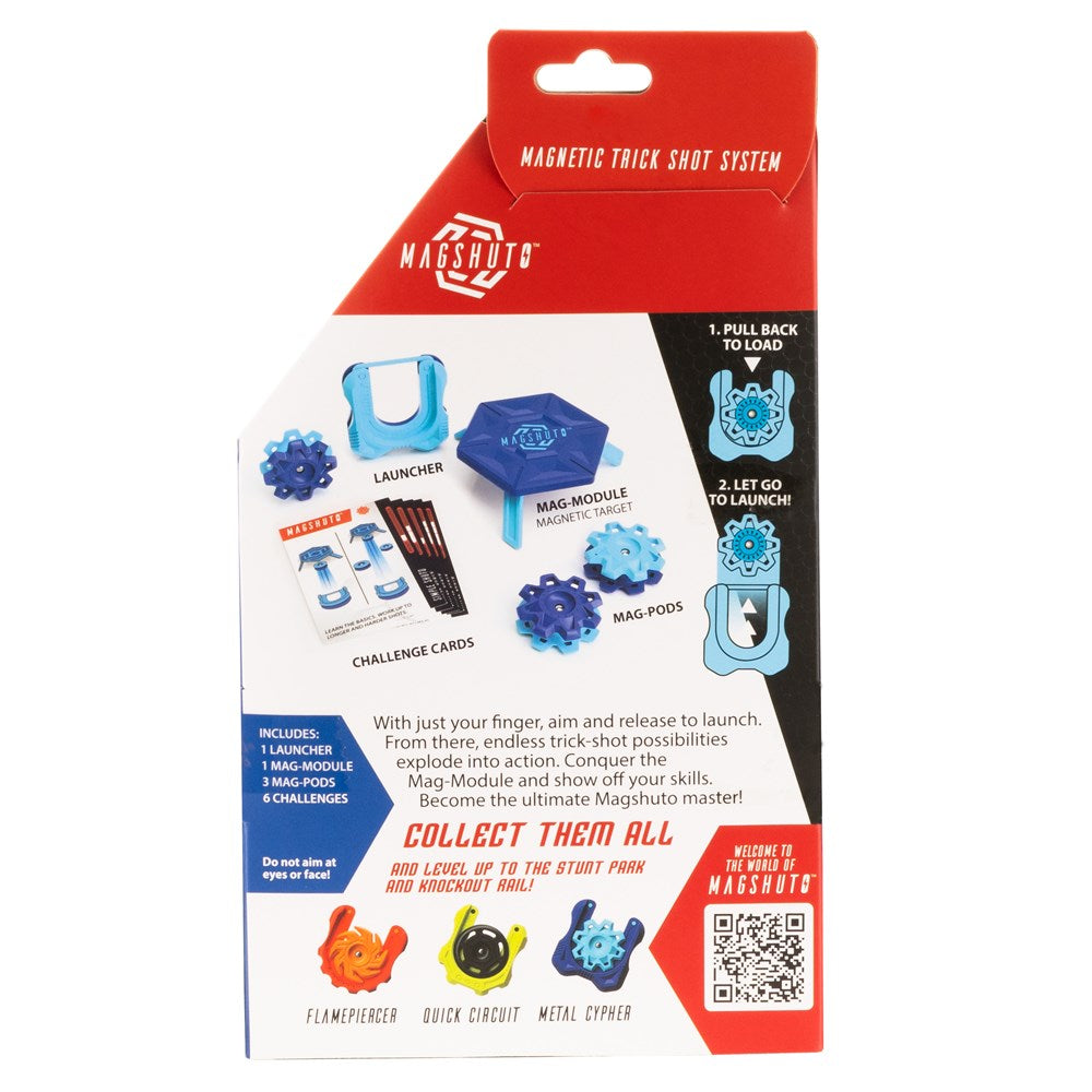 Magshuto magnetic trick shot system packaging with blue components and red background