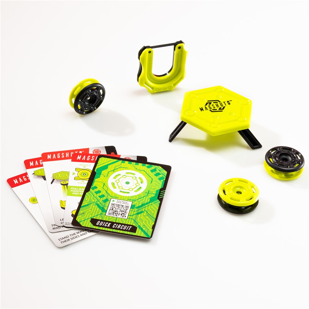 Yellow magnetic components and cards on a white background