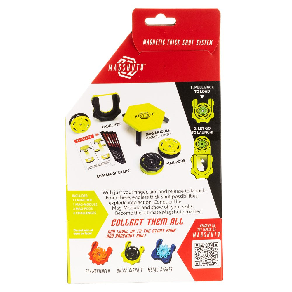 Magshuto magnetic trick shot system packaging with red and yellow design on a white background