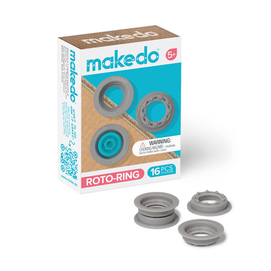 makedo Roto-Ring packaging with gray rings on a white background