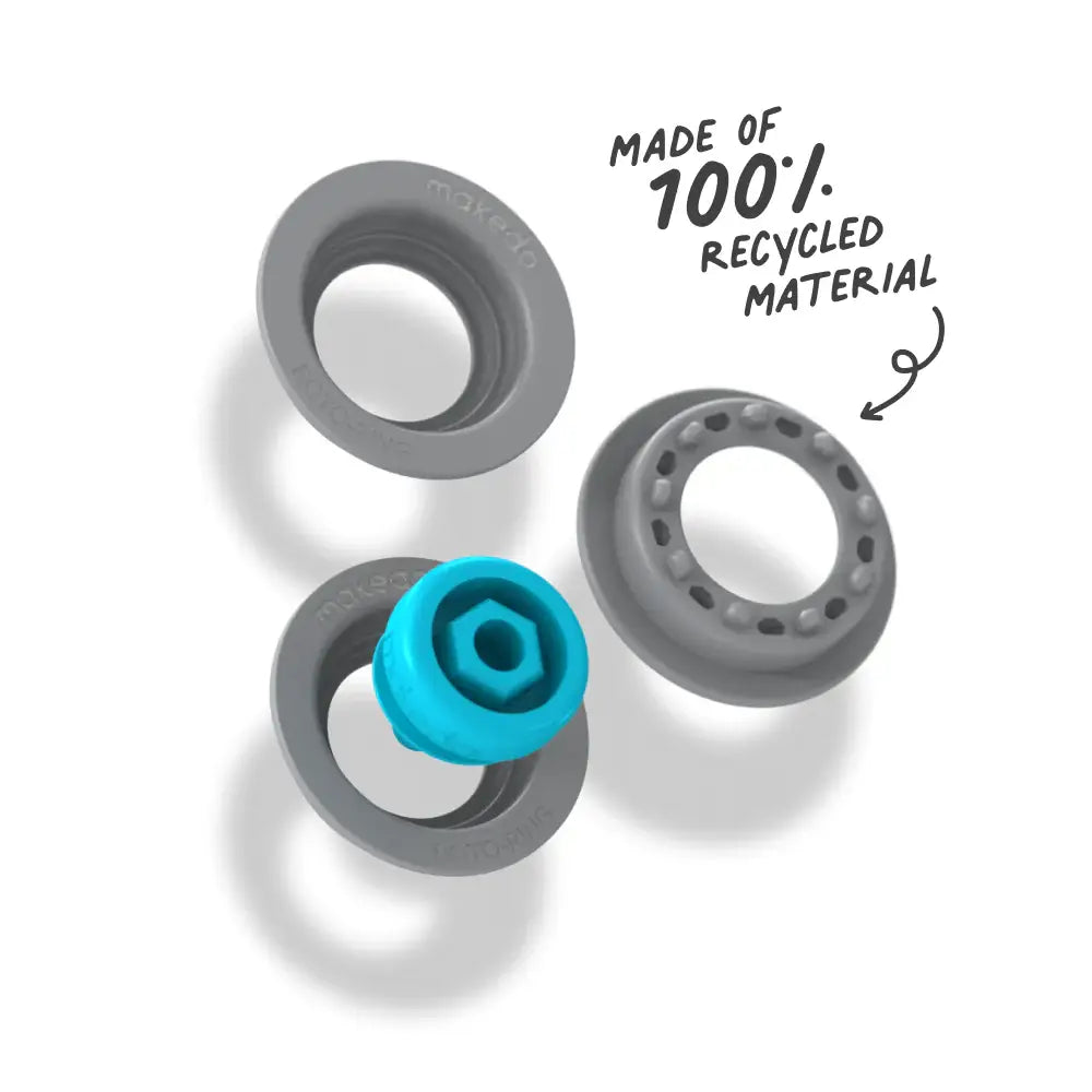 Three gray rubber washers with a blue washer in the center, labeled 'Made of 100% recycled material'.