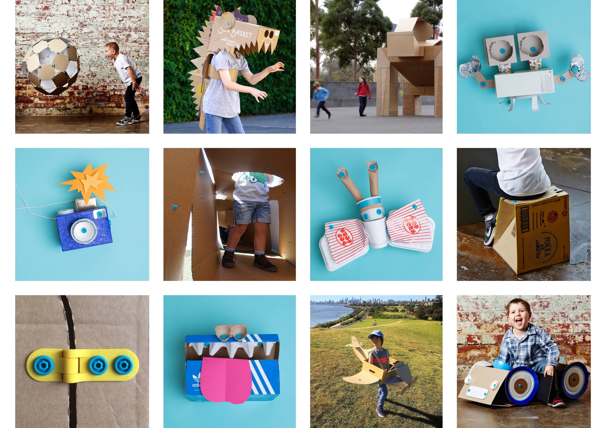 Collage of children playing with homemade cardboard toys and costumes.