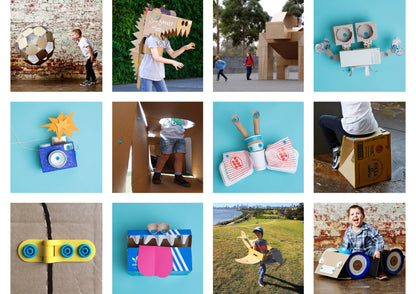 Collage of children playing with homemade cardboard toys and costumes.
