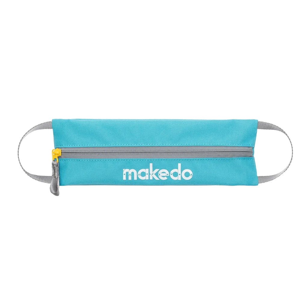 Turquoise waist bag with gray strap and visible 'makedo' branding on a white background