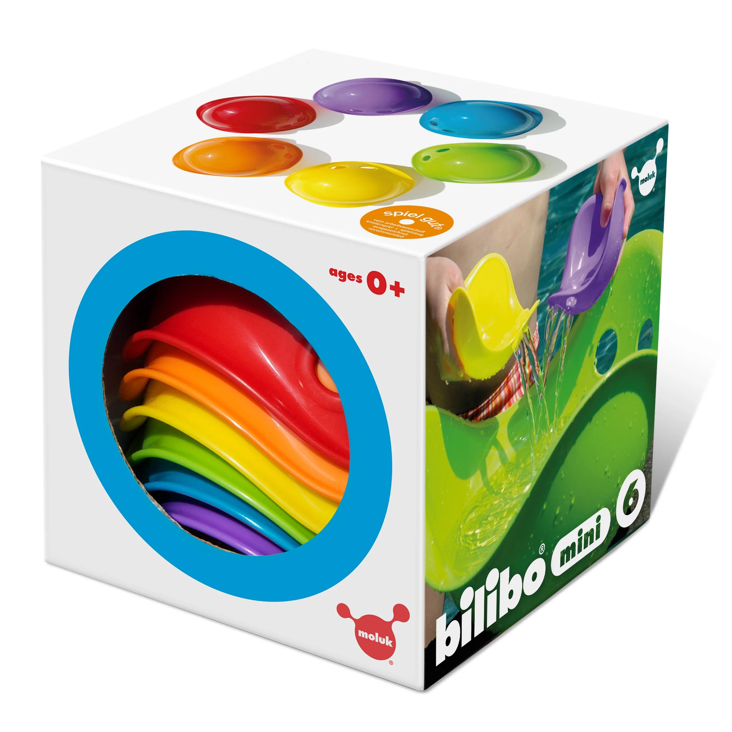 Colorful toy packaging with rainbow design and 'bilibo mini' branding on a white background