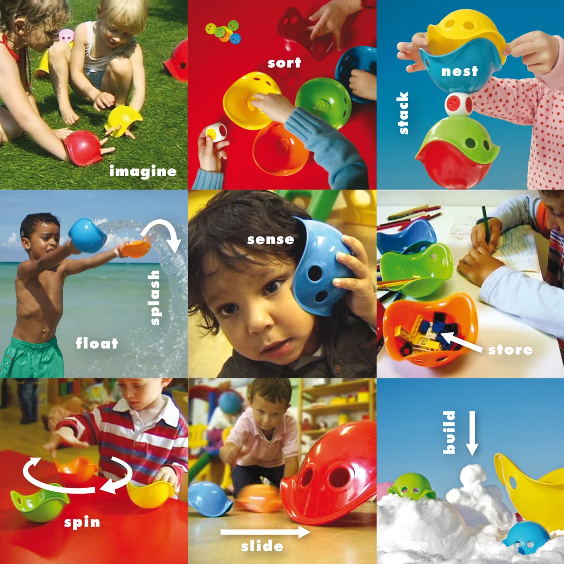Collage of children playing with colorful educational toys in various settings.
