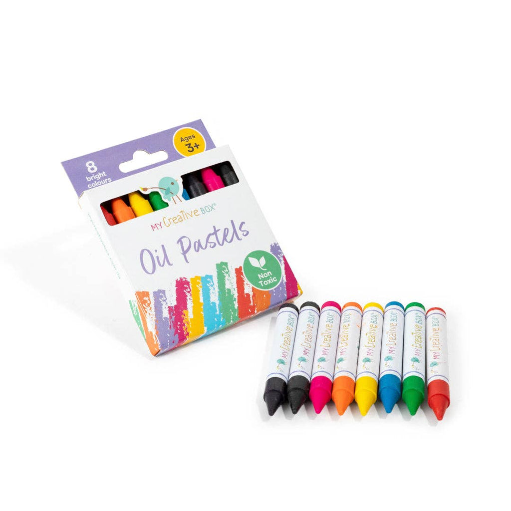 A set of 8 multicolored oil pastels displayed in front of its packaging which is labeled 'Oil Pastels'.