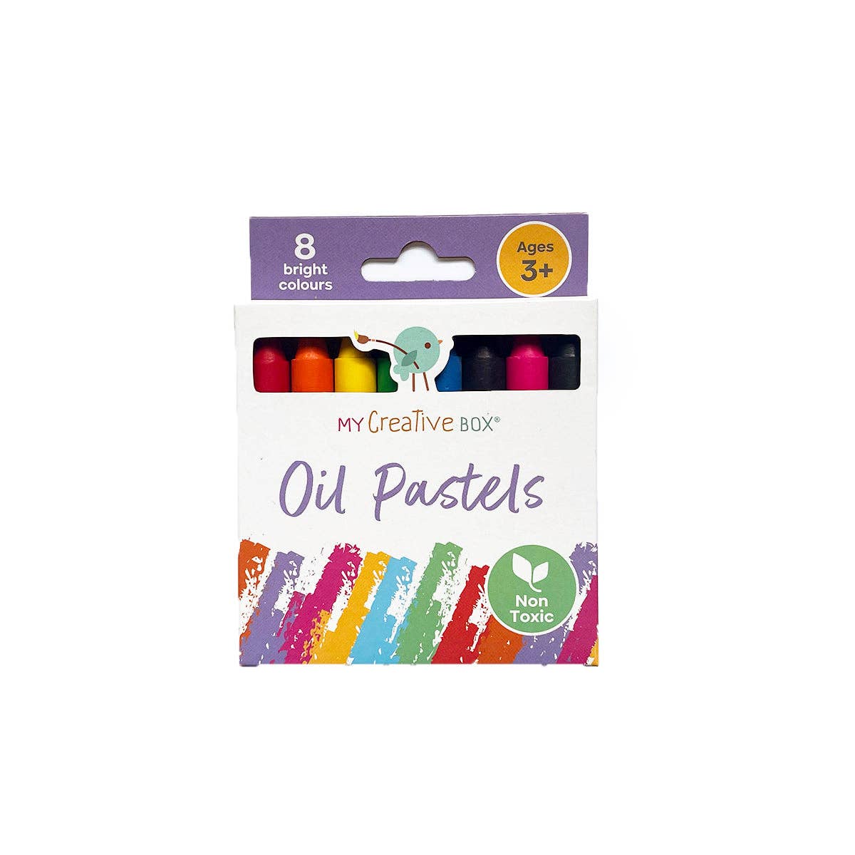 A set of 8 multicolored oil pastels displayed in front of its packaging which is labeled 'Oil Pastels'.