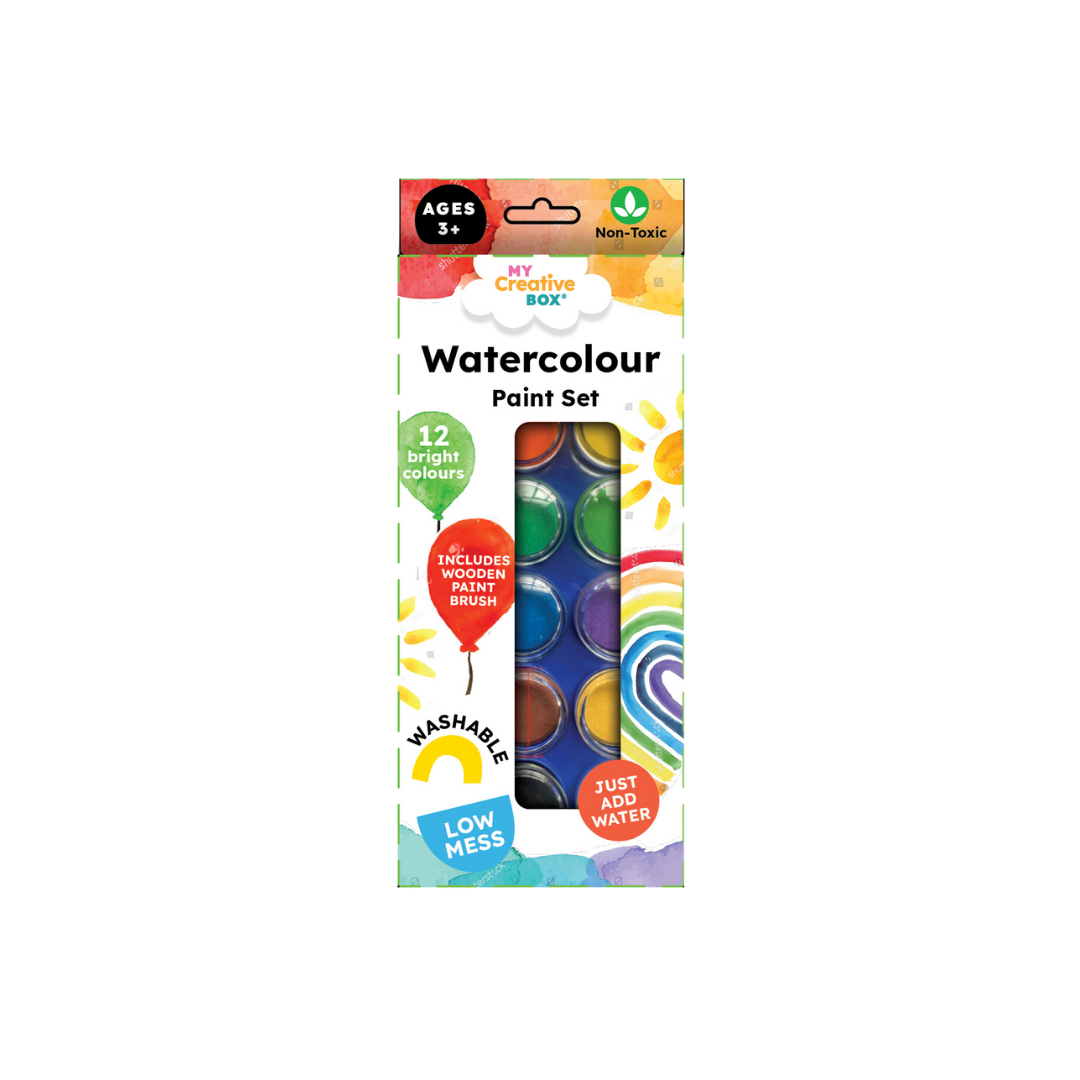 A packaged watercolour paint set designed for children, with various colors visible through the transparent window of the box.