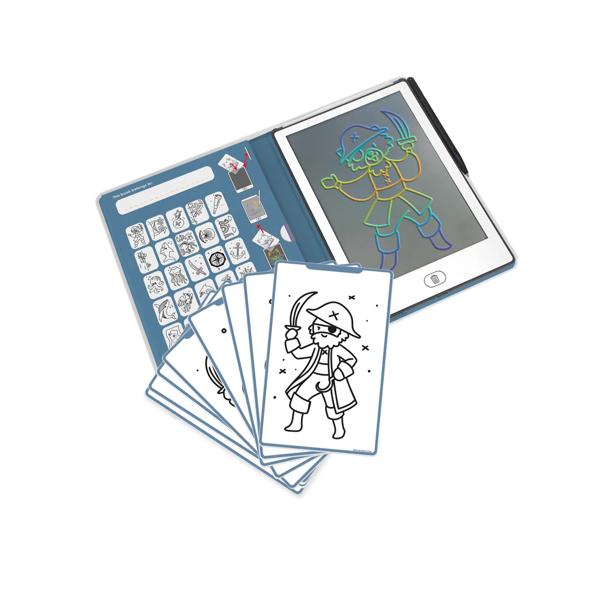 Coloring book with cards and a digital coloring screen on a white background