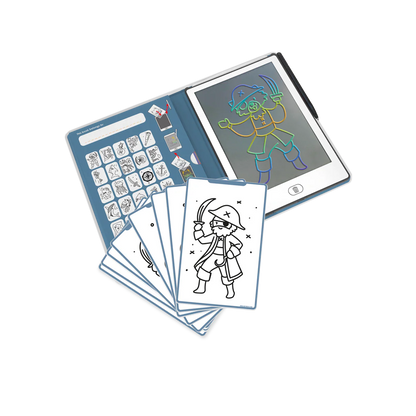Coloring book with cards and a digital coloring screen on a white background