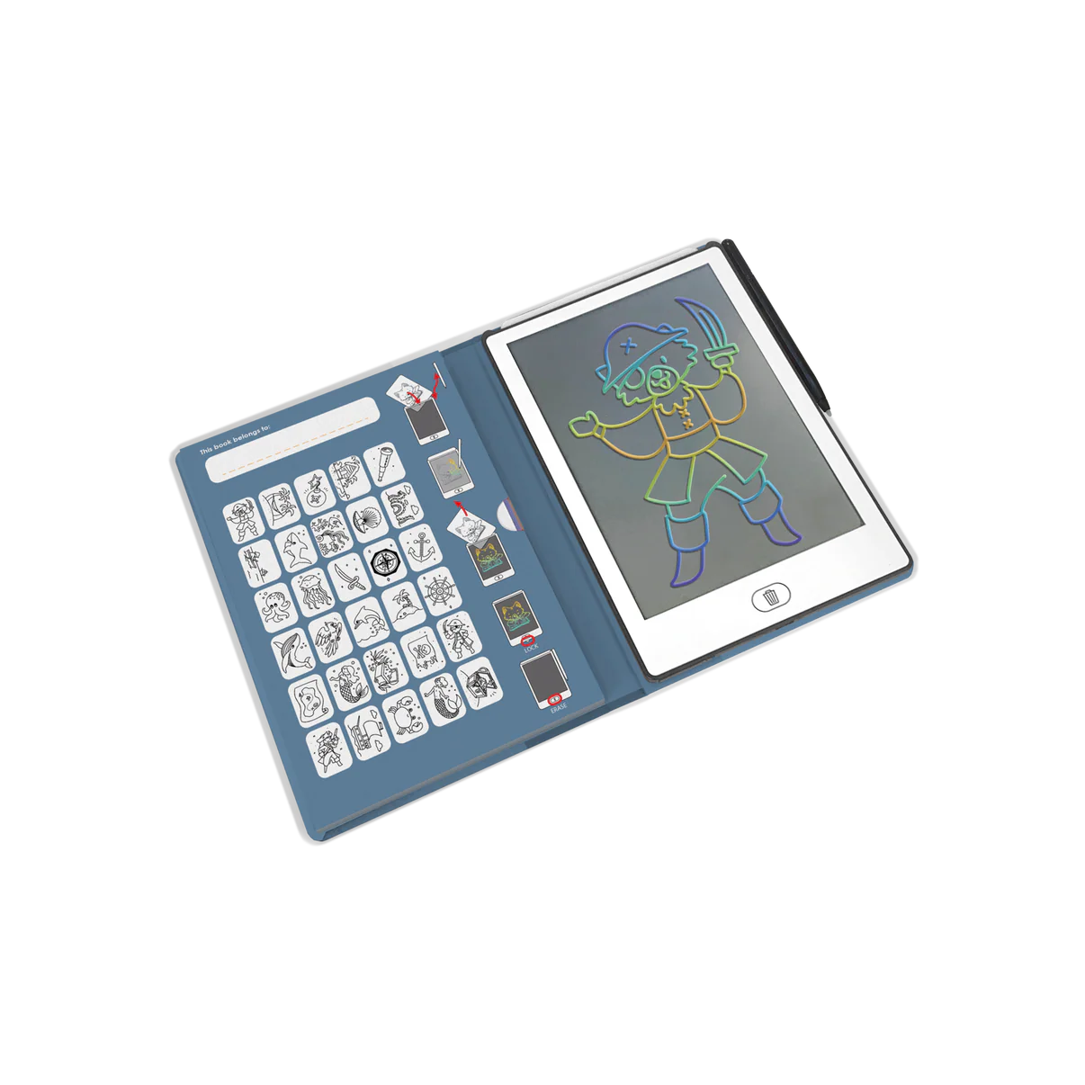 Children's drawing tablet with a character on the screen and various symbols on the side.