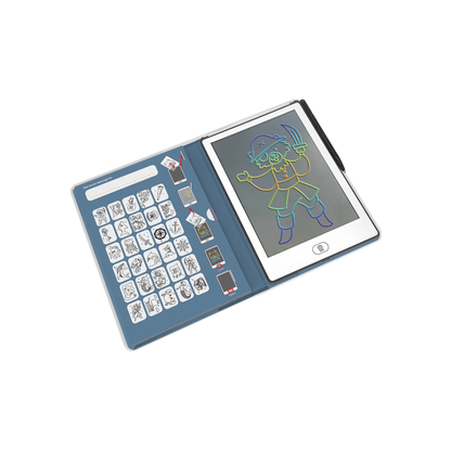 Children's drawing tablet with a character on the screen and various symbols on the side.