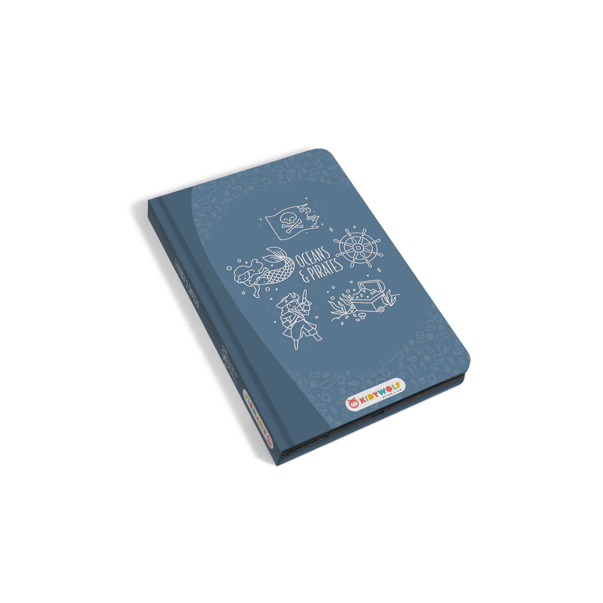 Blue notebook with ocean-themed illustrations on a white background
