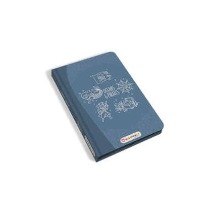 Blue notebook with ocean-themed illustrations on a white background
