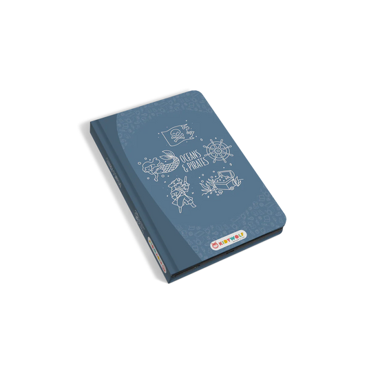 Blue notebook with ocean-themed illustrations on a white background
