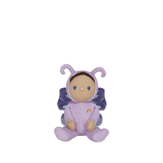 Plush toy with a purple outfit on a white background