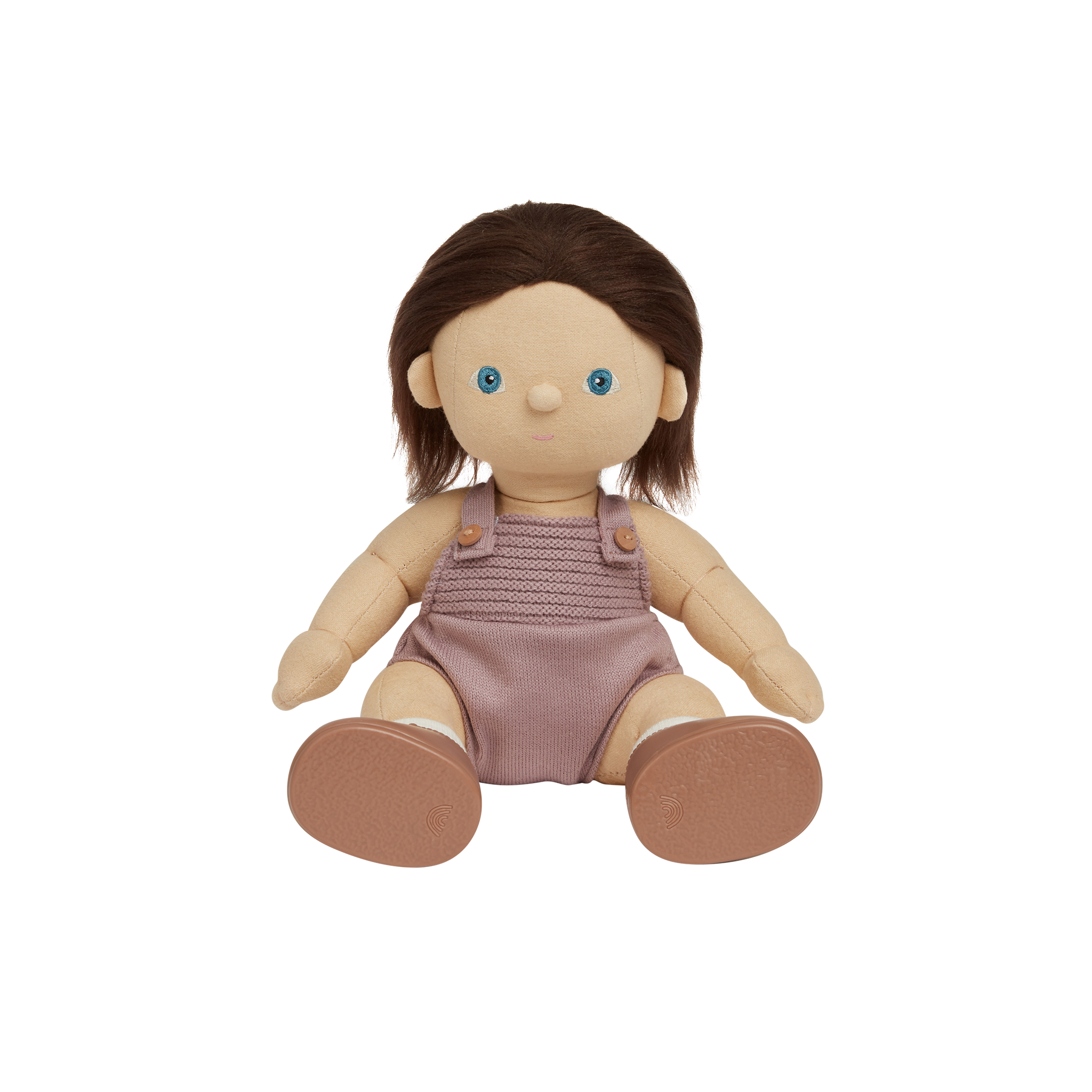 Doll with brown hair and blue eyes wearing a pink knitted romper on a white background