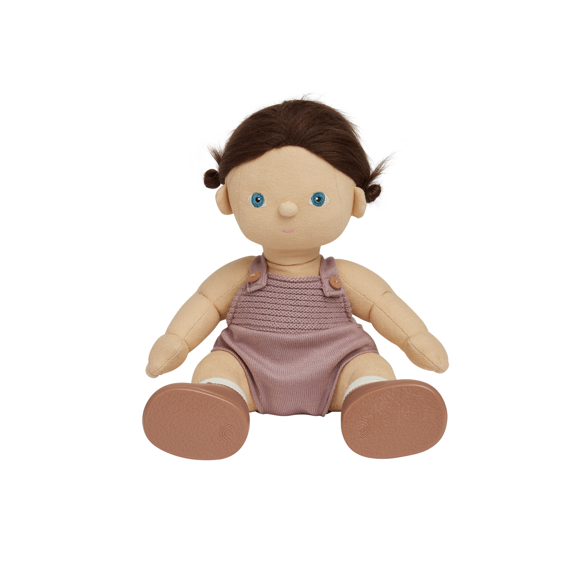 Toy doll with a pink romper on a white background