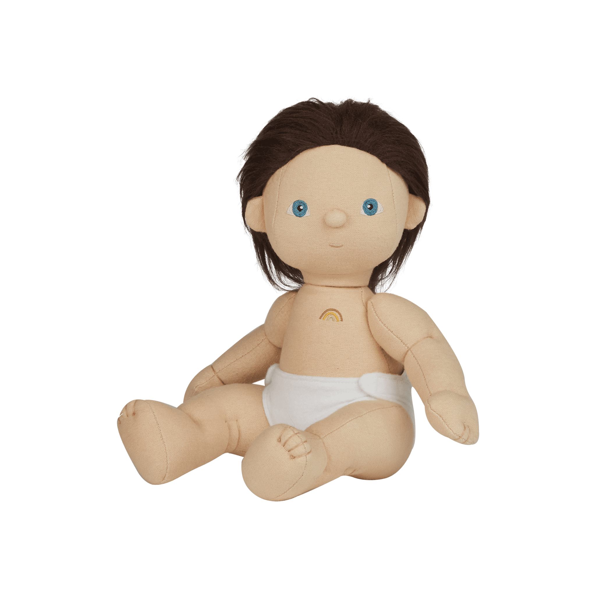 Plush baby doll with brown hair and blue eyes on a transparent background