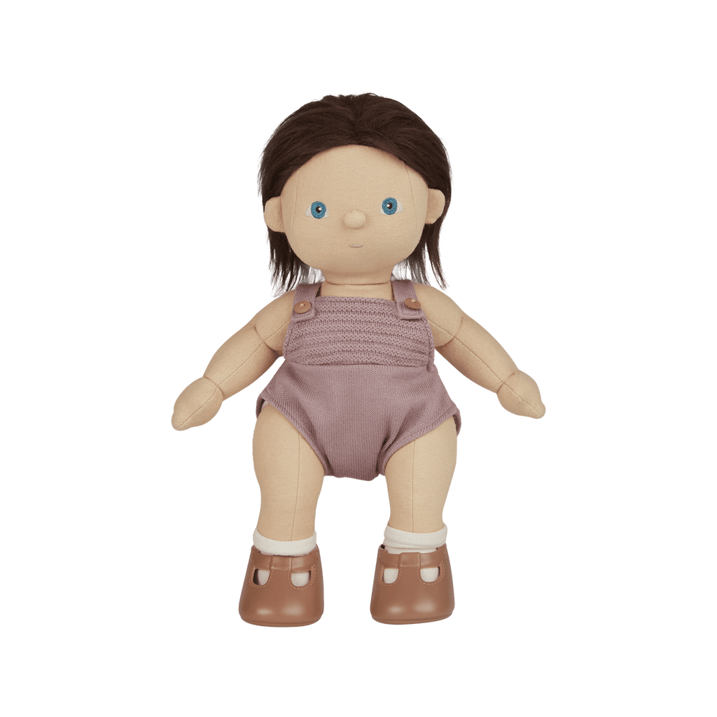 Toy doll with brown hair, blue eyes, and a purple outfit on a transparent background