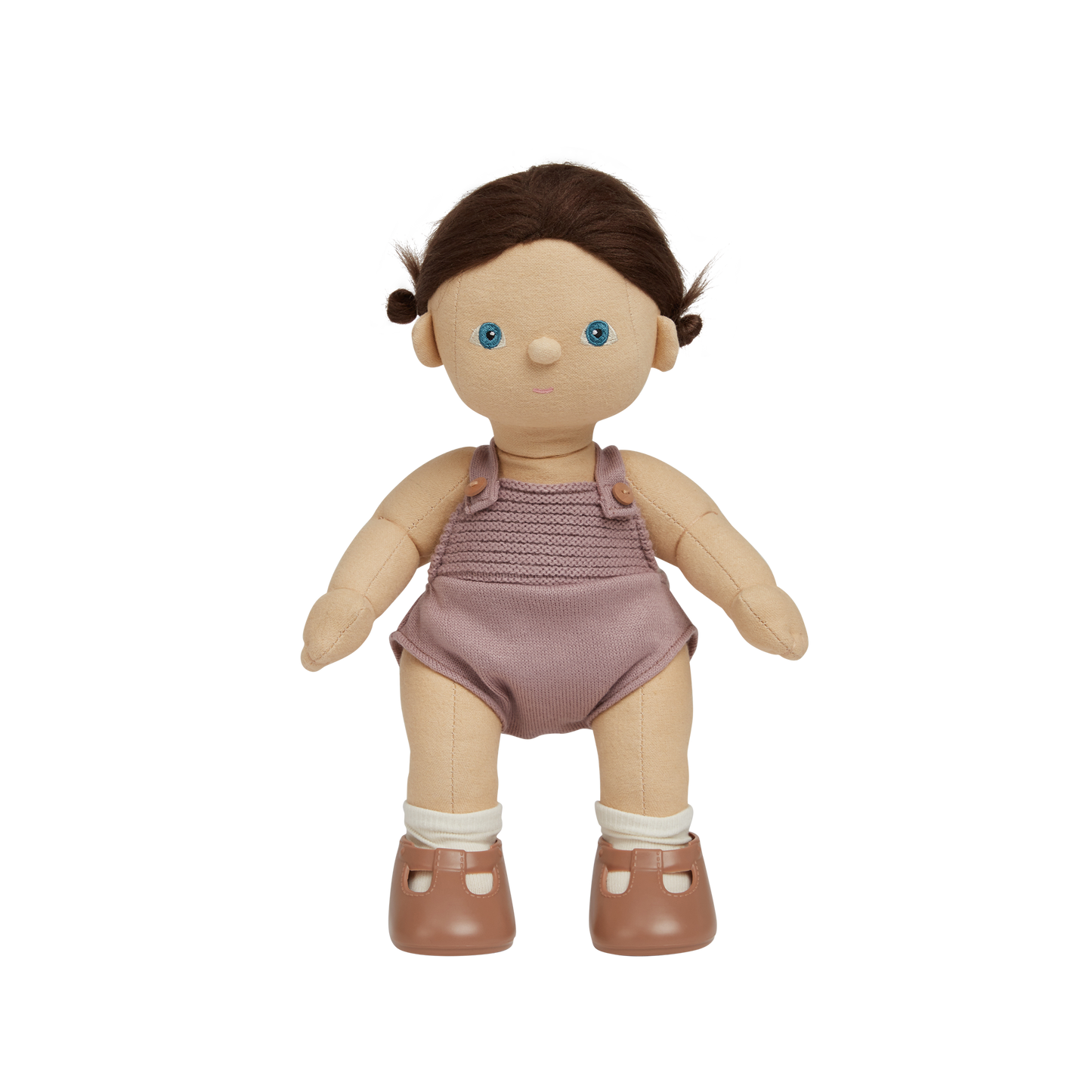 Doll with a purple outfit on a white background