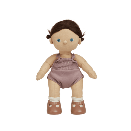 Doll with a purple outfit on a white background