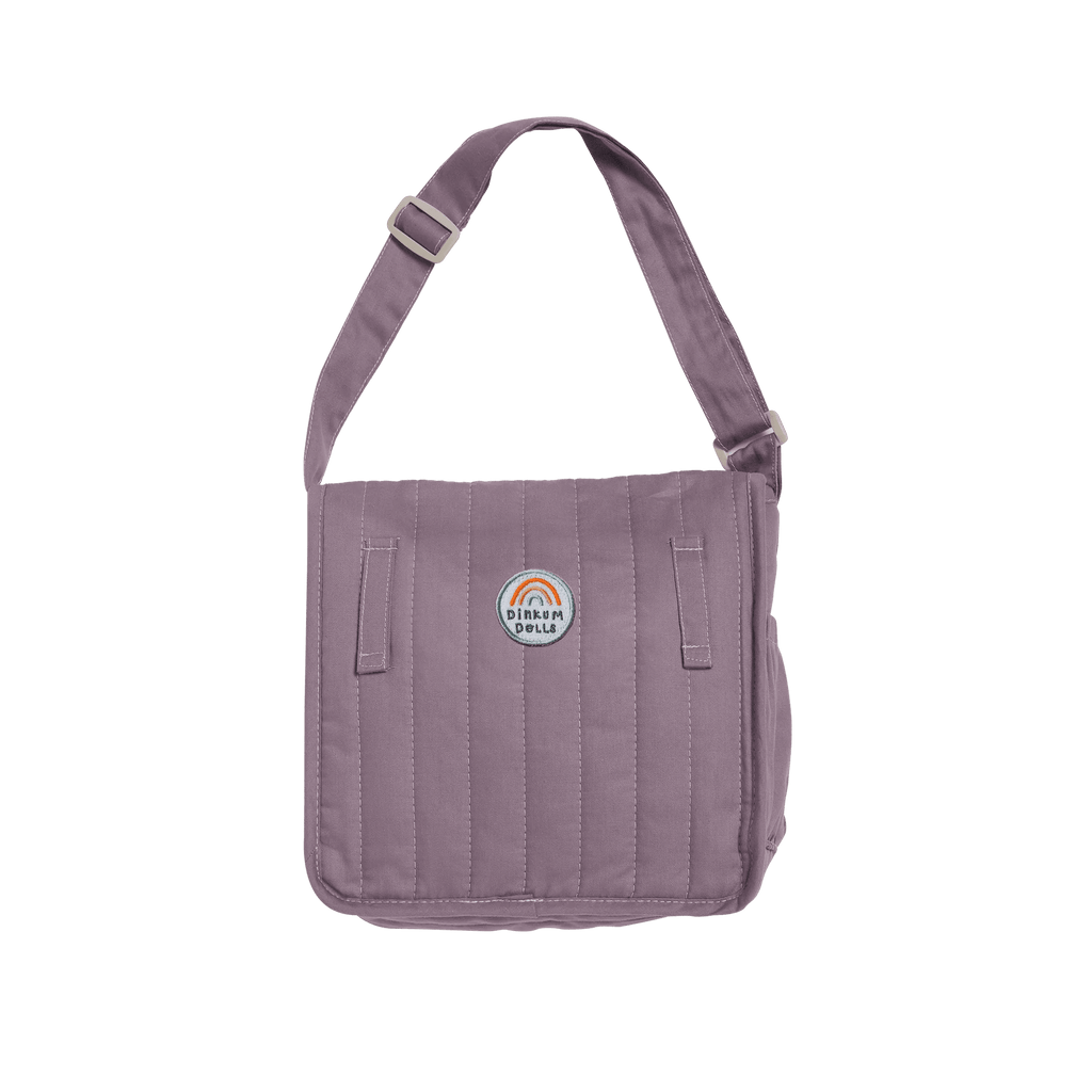 Purple shoulder bag with a visible brand logo on a white background