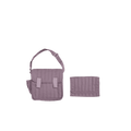 Purple quilted diaper bag with matching wallet on a white background