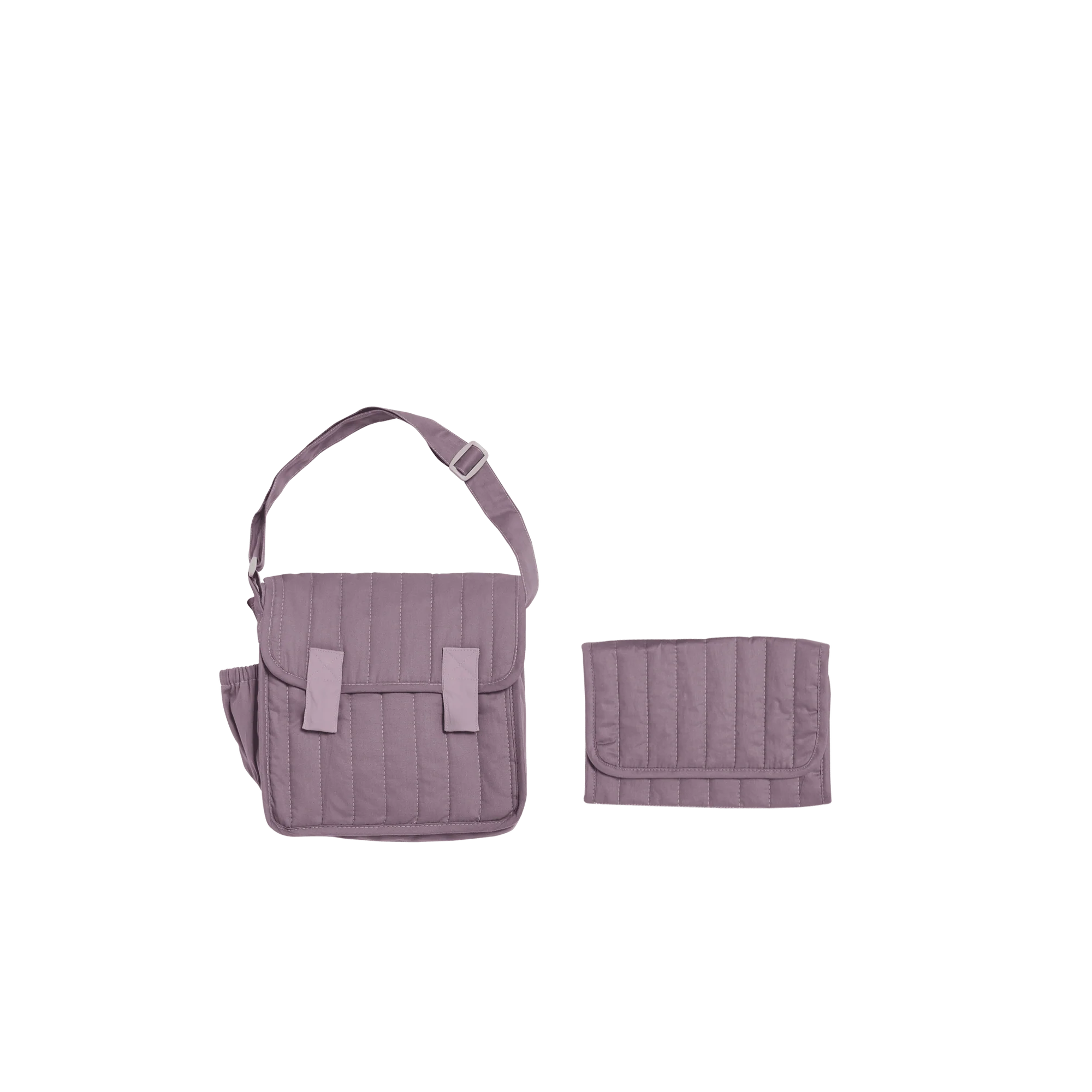 Purple quilted diaper bag with matching wallet on a white background