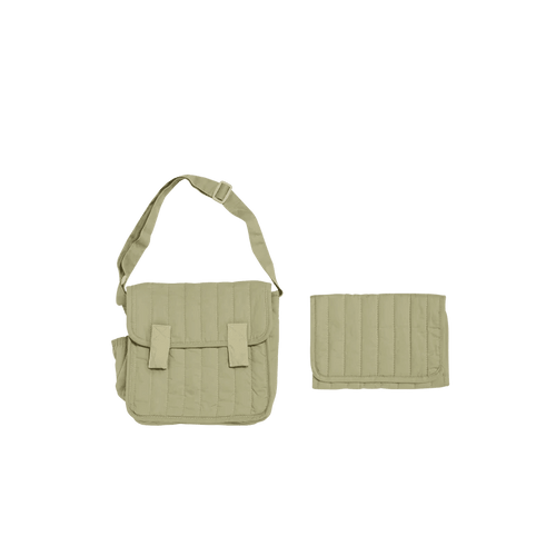 Sage shoulder bag with attached pouch on a white background