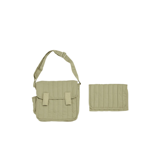 Sage shoulder bag with attached pouch on a white background