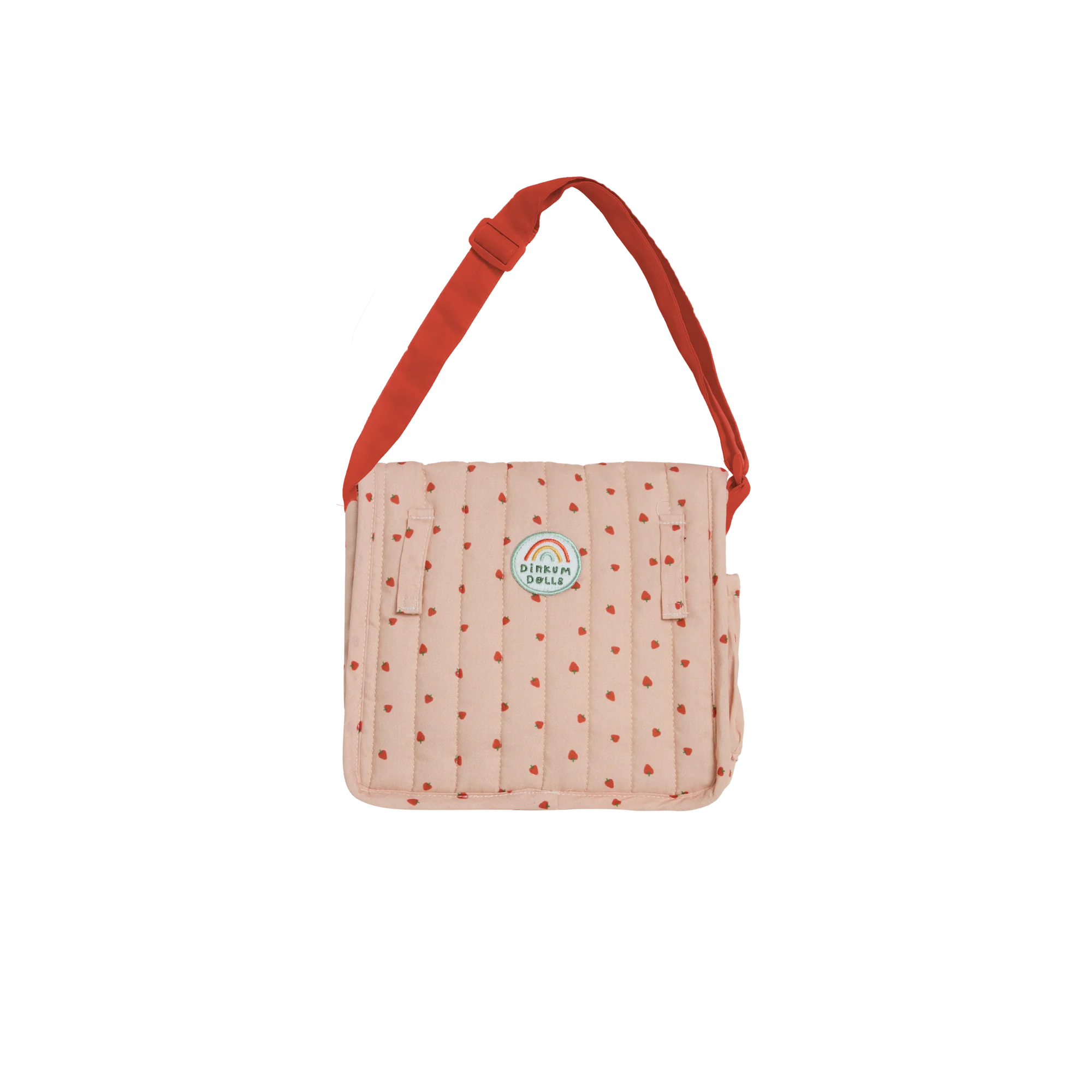 Pink polka dot bag with red strap on a white background