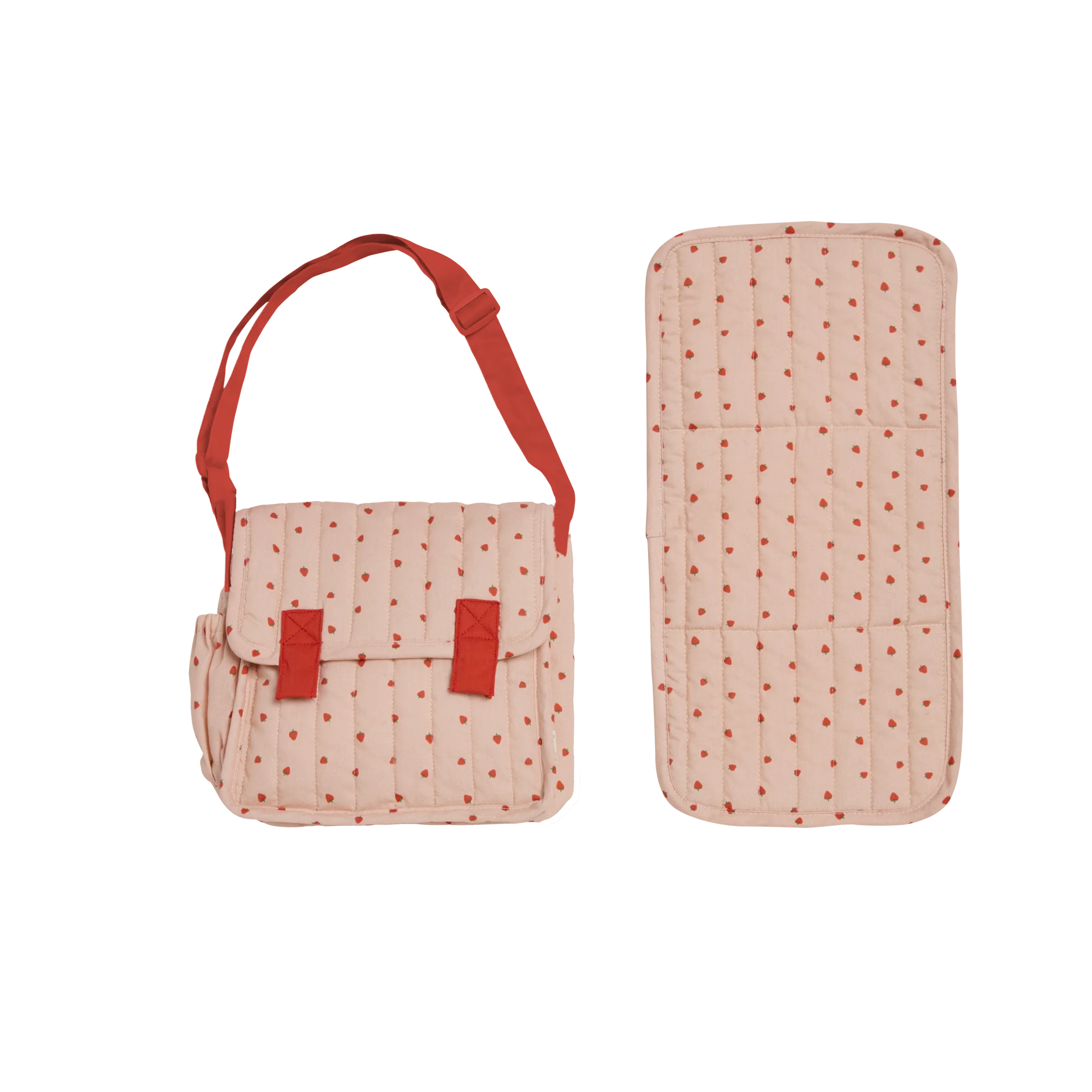 Pink polka dot bag with red straps and matching rectangular item on a white background