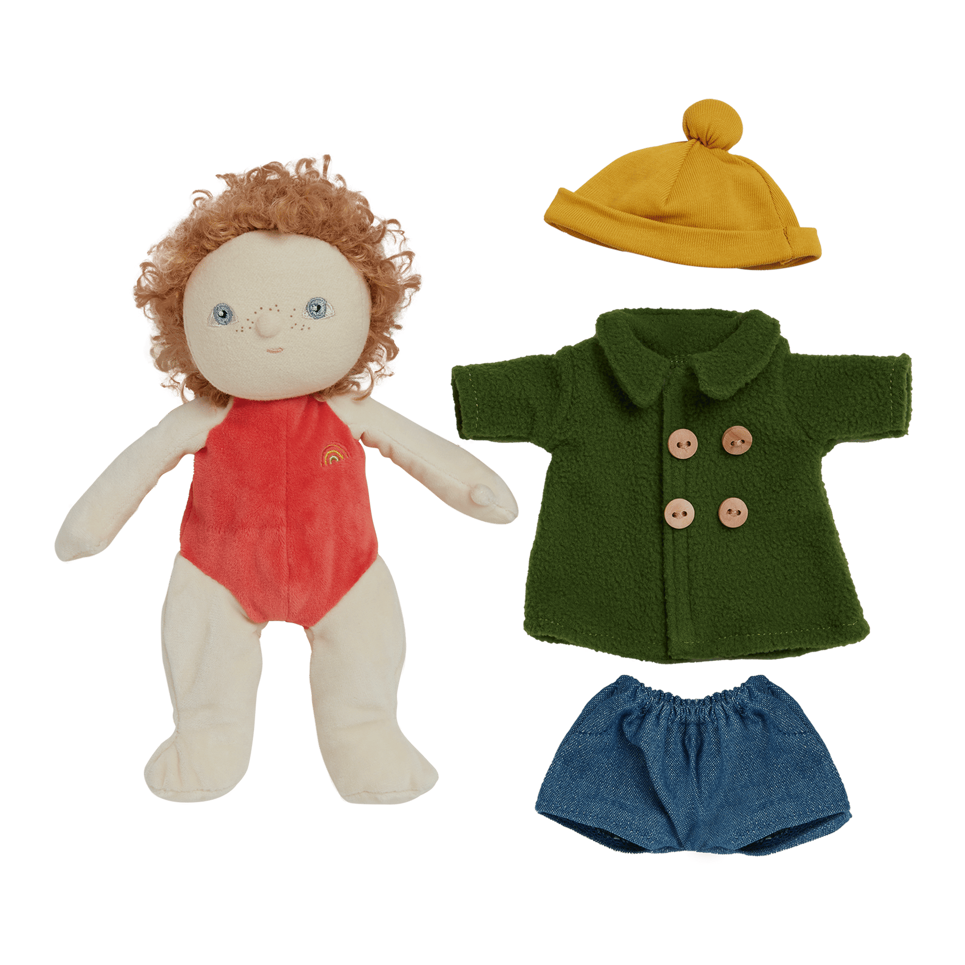 Stuffed doll with red outfit, yellow hat, green coat, and blue shorts on a transparent background