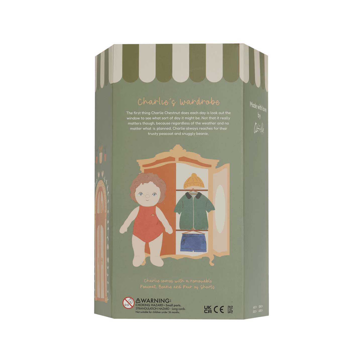 Box packaging for a doll with wardrobe illustration on a white background