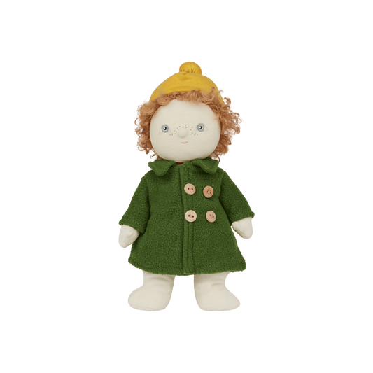 Stuffed toy with a green coat and yellow hat on a transparent background