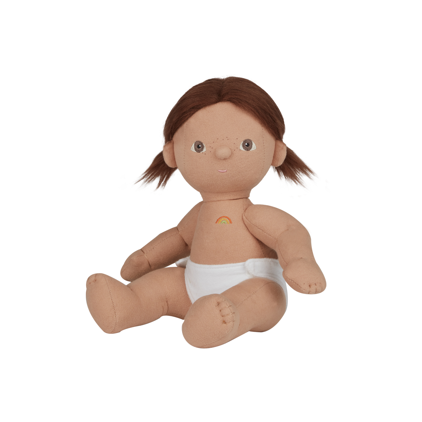 Plush doll with brown hair and a white diaper on a white background