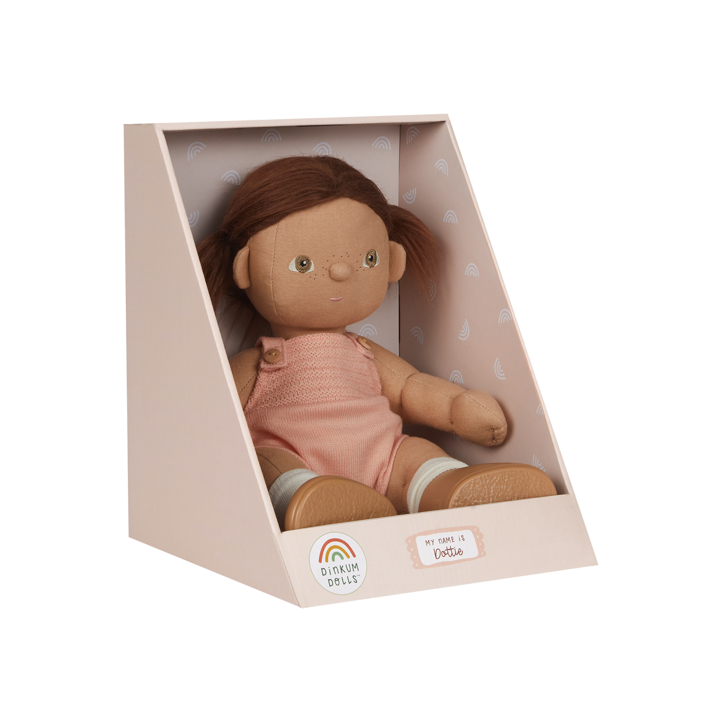 Doll in a pink packaging box with a white background