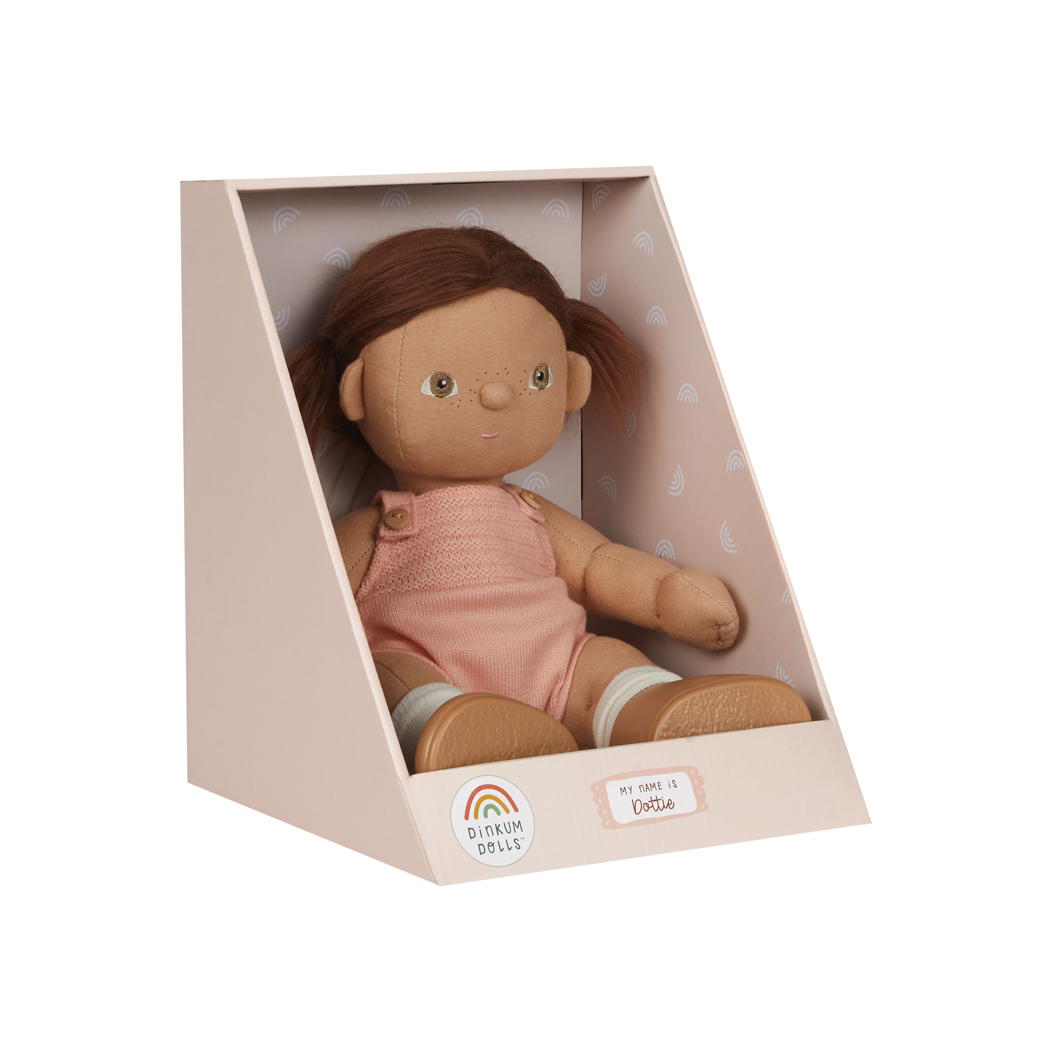 Doll in a pink packaging box with a white background