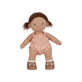 Toy doll with brown hair, pink romper, and white shoes on a white background