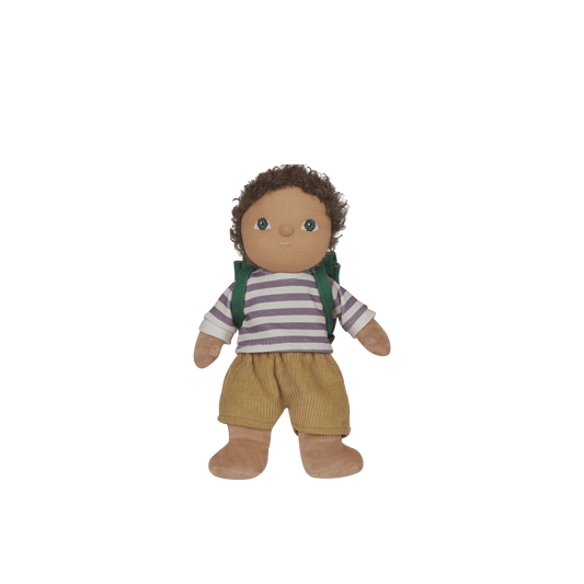 Plush toy of a child wearing a striped shirt and yellow pants on a white background