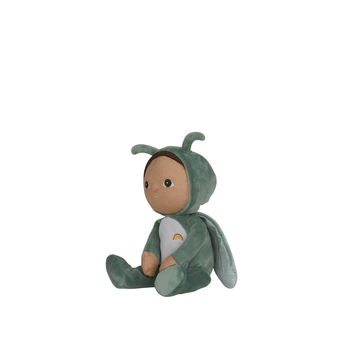 Plush toy in a green costume on a white background