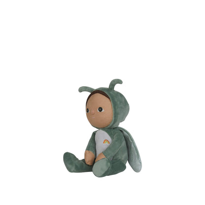 Plush toy in a green costume on a white background