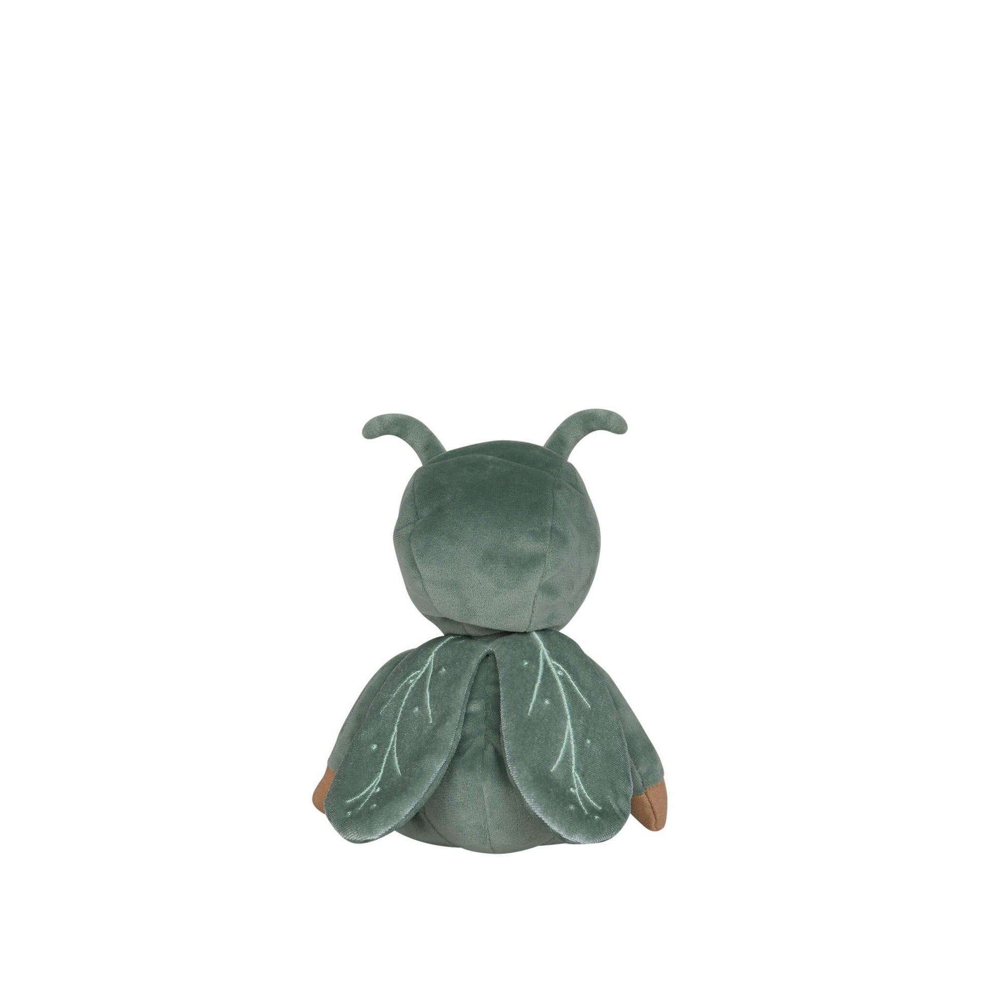 Green grasshopper figurine with wings on a white background